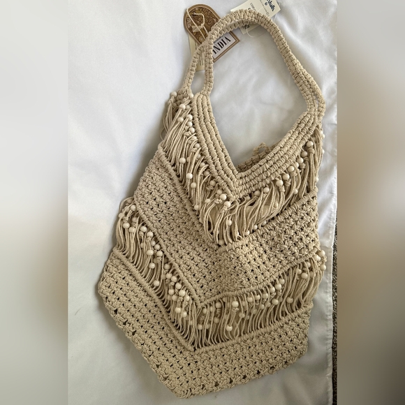 Boho Beaded Woven Shoulder Purse Beige - Picture 3 of 7